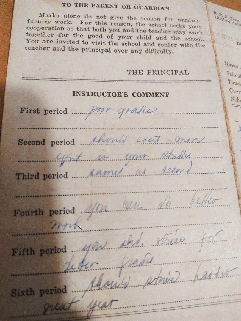 vintage Student's Report Card/Sch.yr. 19561957/Manila,Phils., Hobbies