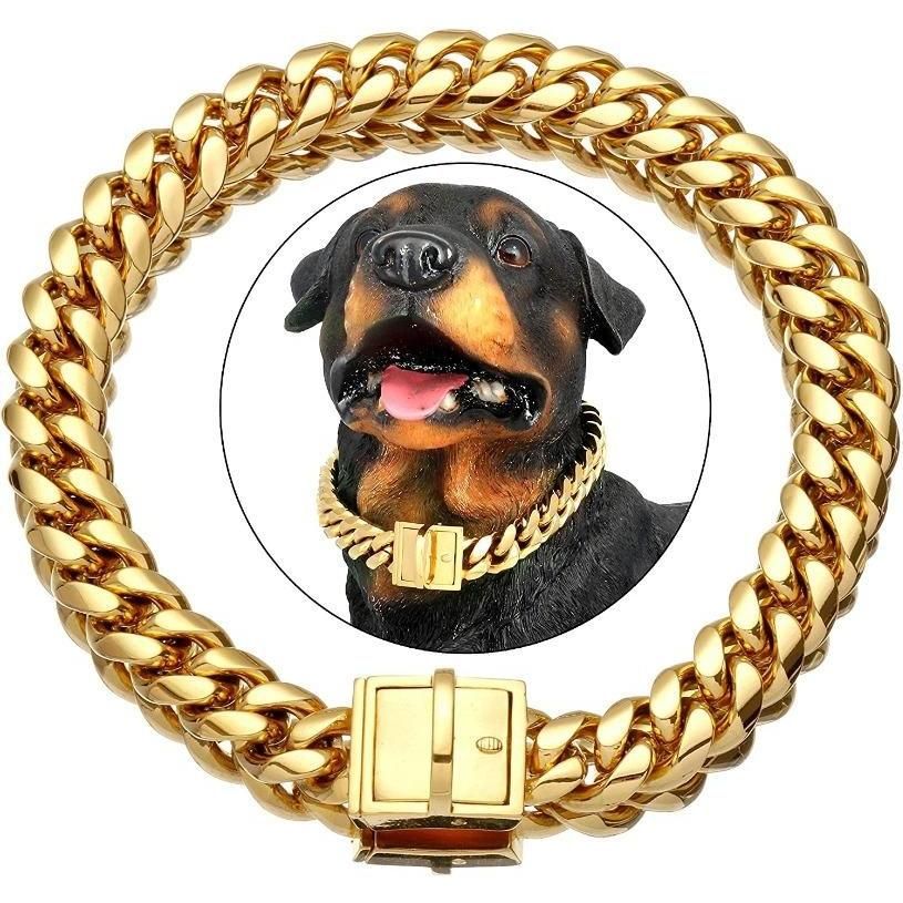 YBR Gold Dog Chain Collar 18K Metal Stainles Steel Cuban Link