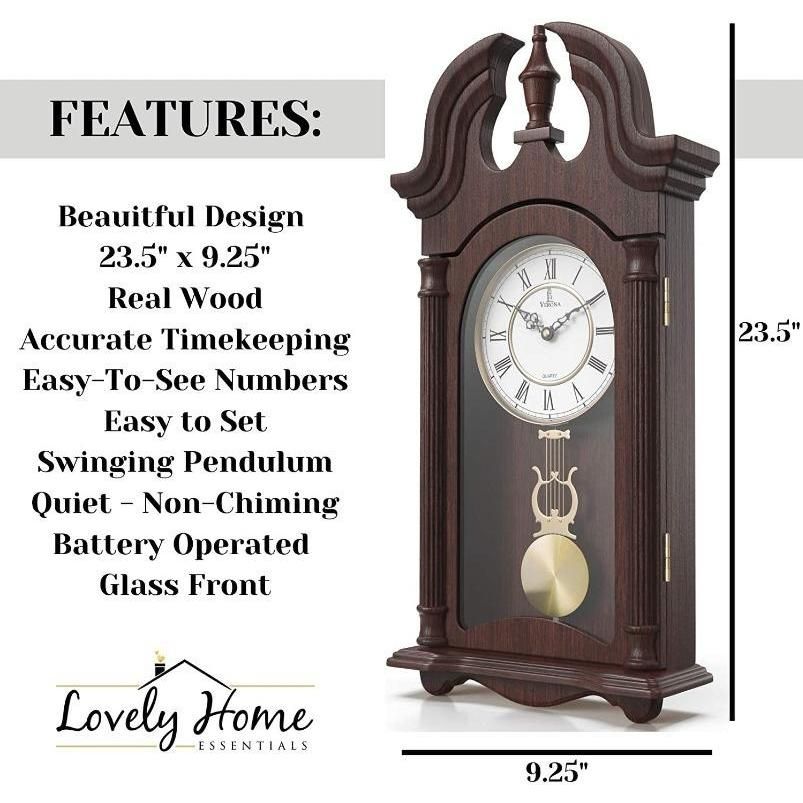 Pendulum Wall Clock Battery Operated - Large Hanging Grandfather Wall Clock  with Pendulum - Quiet Wood Pendulum Clock - Wooden Wall Clock for Living
