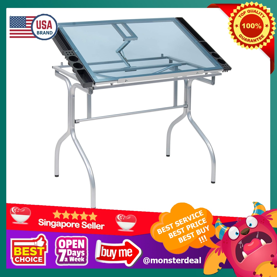 [YBR] Studio Designs Folding Modern Glass Top Adjustable Drafting Table