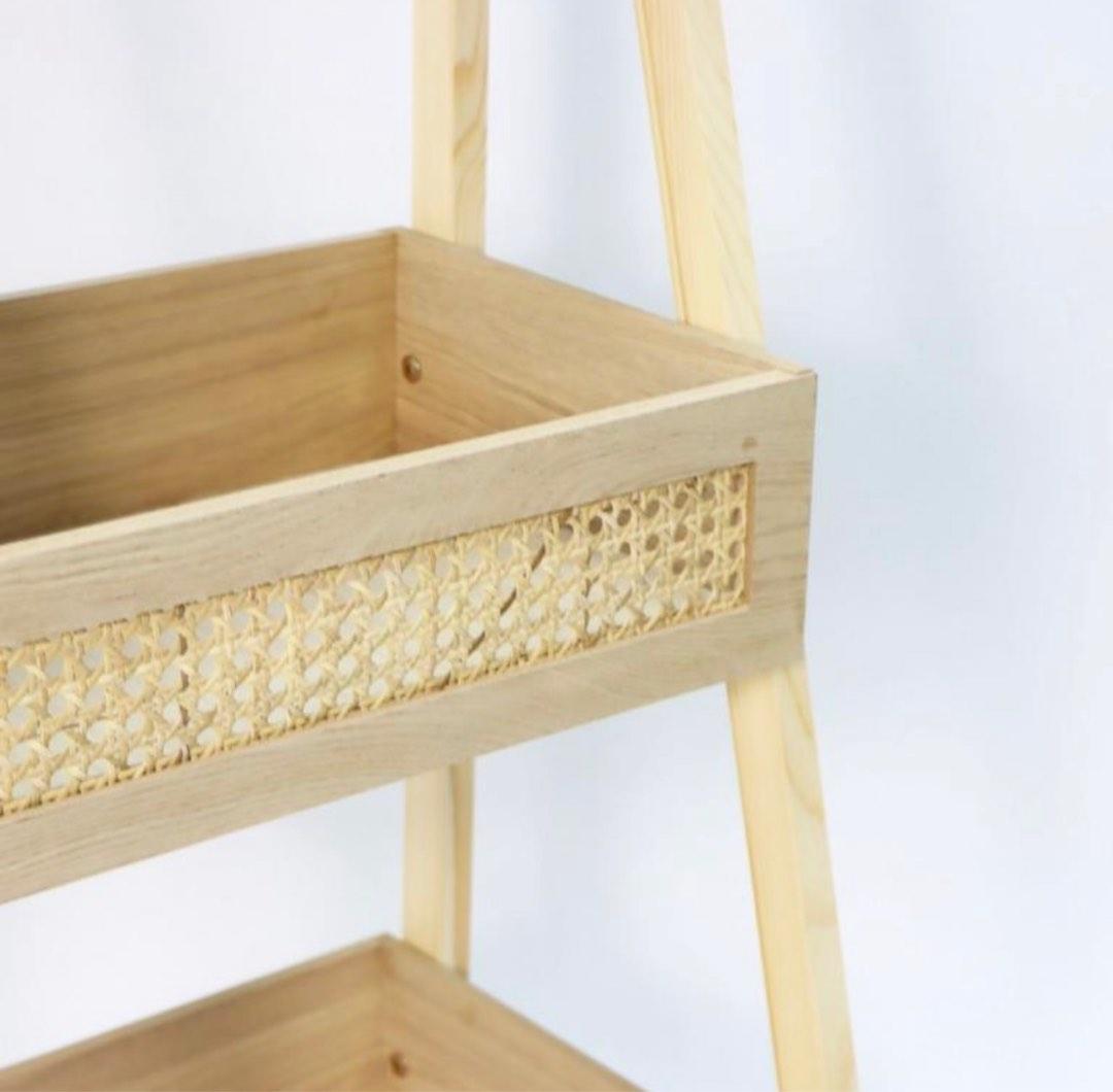 3 Tier Cane Ladder Shelf With Rattan Decoration (Oak, 傢俬＆家居, 傢俬, 書櫃、櫃子及