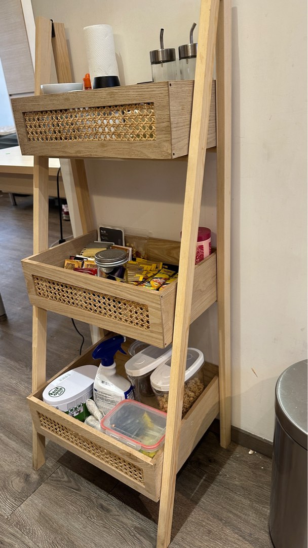 3 Tier Cane Ladder Shelf With Rattan Decoration (Oak, 傢俬＆家居, 傢俬, 書櫃、櫃子及