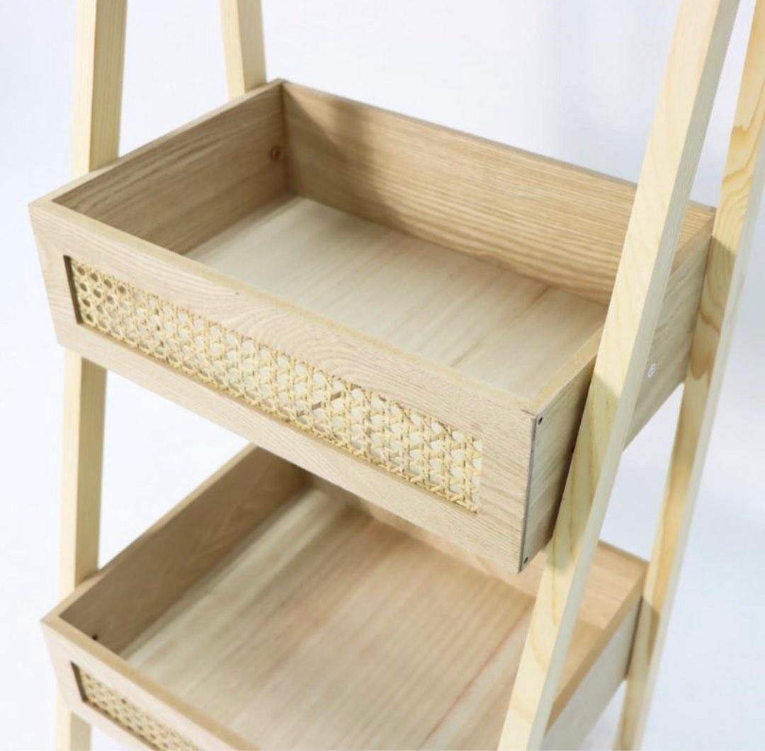 3 Tier Cane Ladder Shelf With Rattan Decoration (Oak, 傢俬＆家居, 傢俬, 書櫃、櫃子及