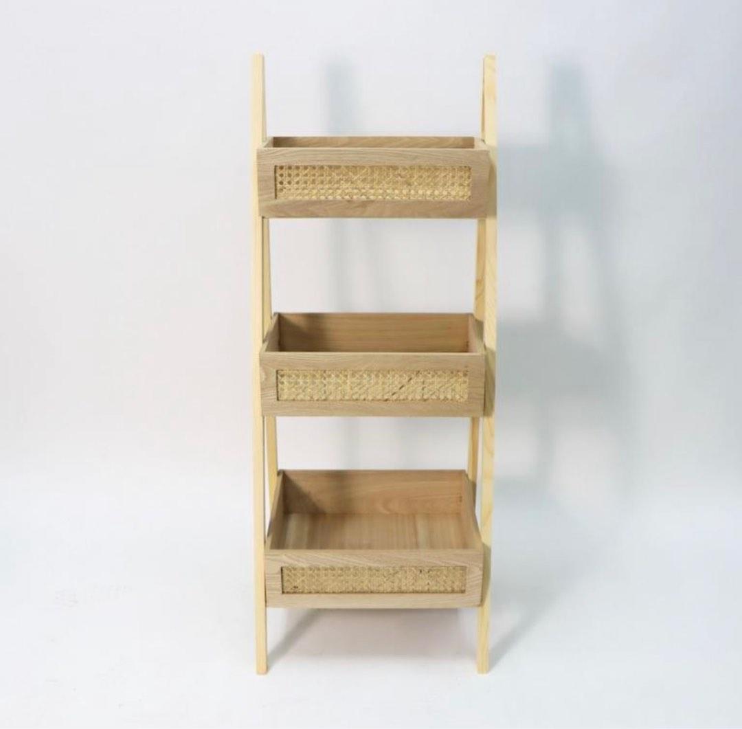 3 Tier Cane Ladder Shelf With Rattan Decoration (Oak, 傢俬＆家居, 傢俬, 書櫃、櫃子及