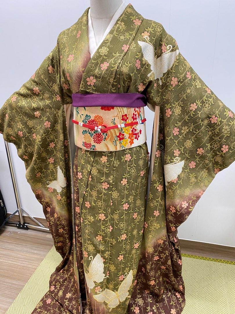 出售日本回流正絹啡綠色振袖和服一件, 女裝, 連身裙& 套裝, 傳統服飾 