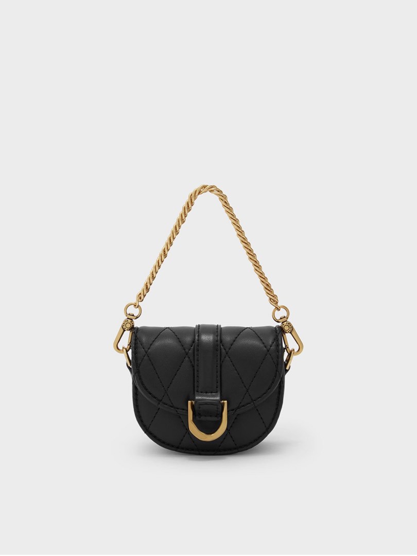 Charles & Keith Micro Gabine Quilted Saddle Bag (Black), Women's