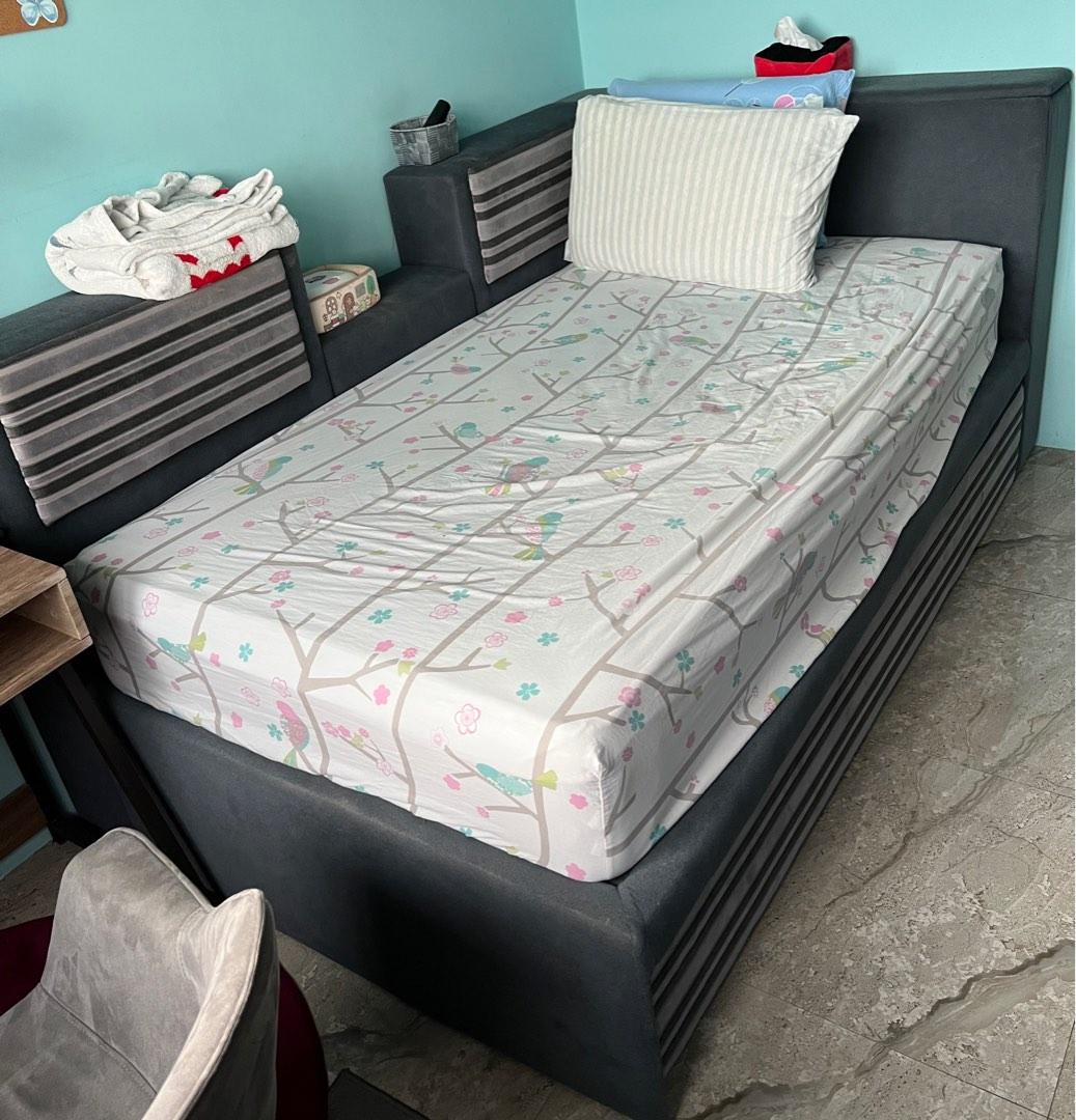 Customised Designer Fabric Bedframe with pullout bed, Furniture & Home Living, Furniture, Bed