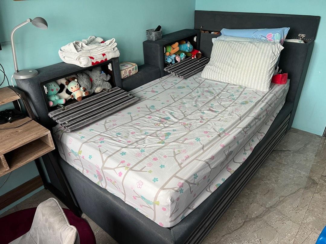 Customised Designer Fabric Bedframe with pullout bed, Furniture & Home Living, Furniture, Bed