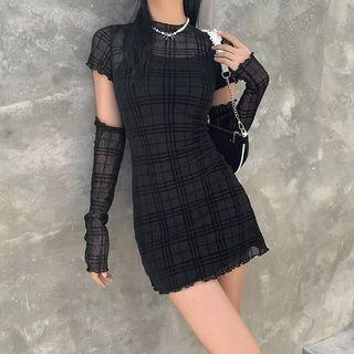 Cute spring plaid patchwork mini dress 4 piece
