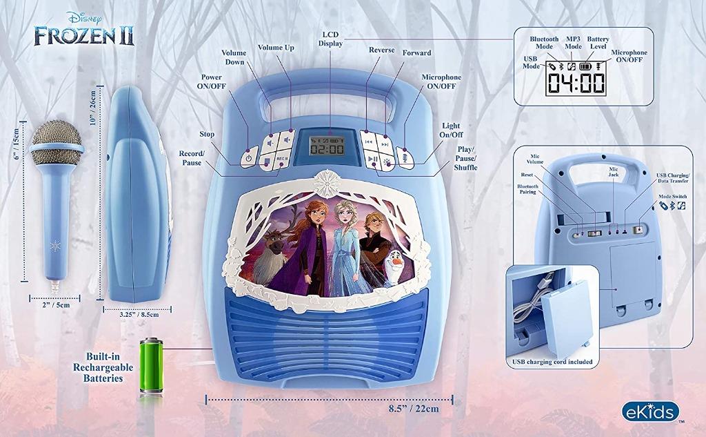 eKids Frozen 2 Bluetooth Portable MP3 Karaoke Machine Player with Light