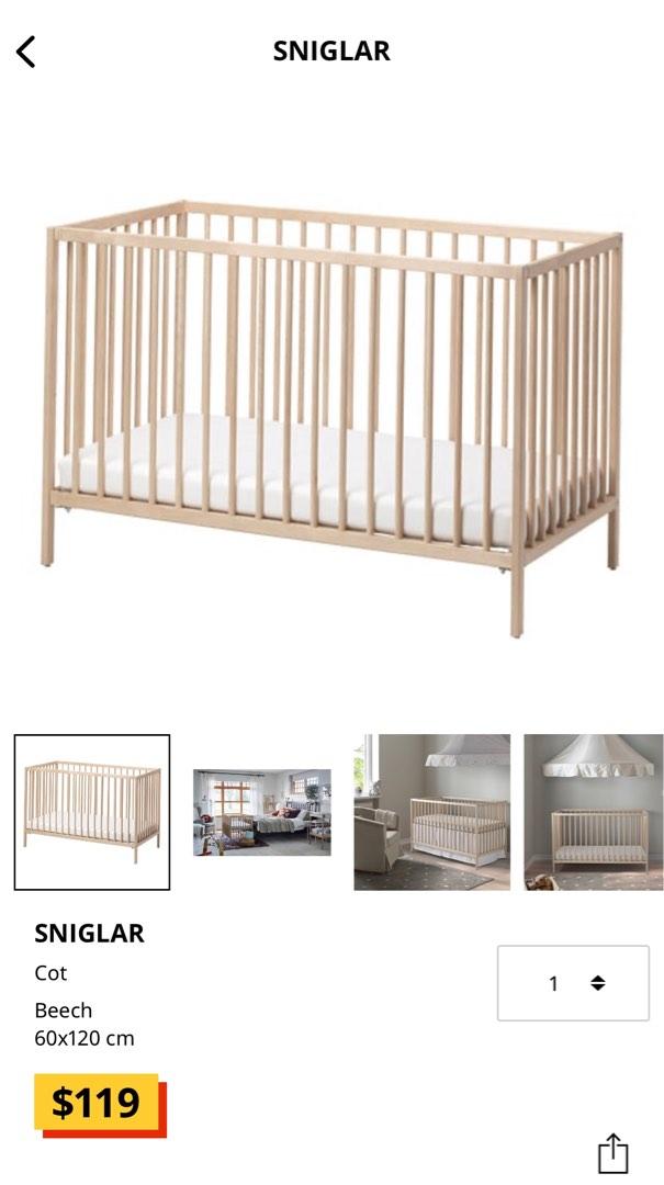 Ikea SNIGLAR Baby Toddler Cot + bumper pad, Babies & Kids, Baby Nursery & Kids Furniture, Cots