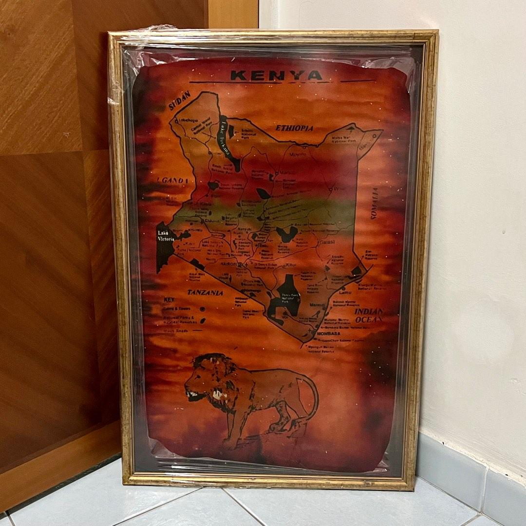 Map of Kenya painting in gold rustic frame, Furniture & Home Living