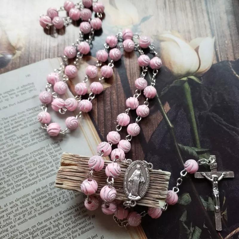Pink beads Rosary Necklace with Saint Holy Benedict Medal Hobbies