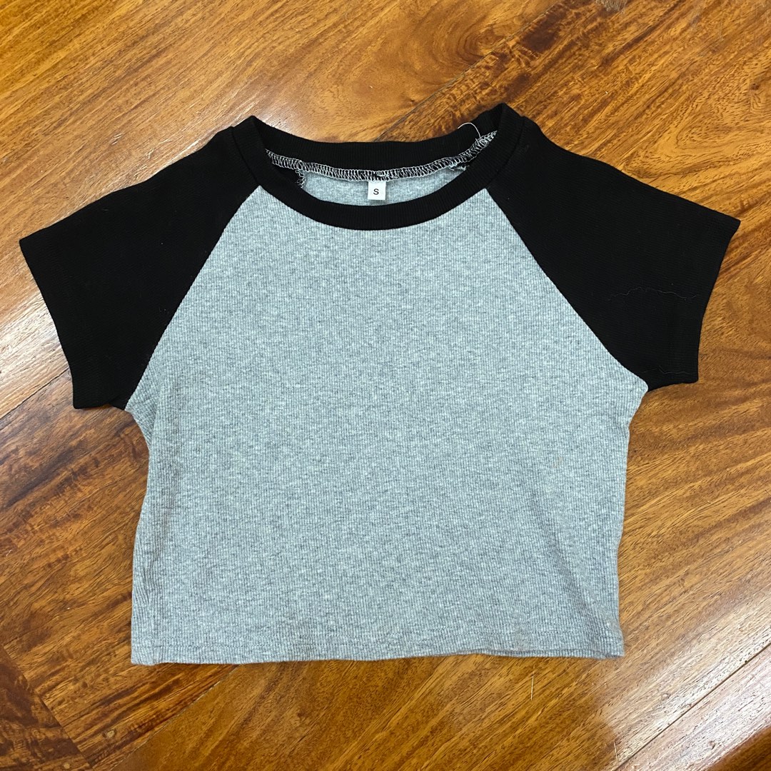 Ribbed Black Gray Baseball Baby Tee, Women's Fashion, Tops, Shirts on