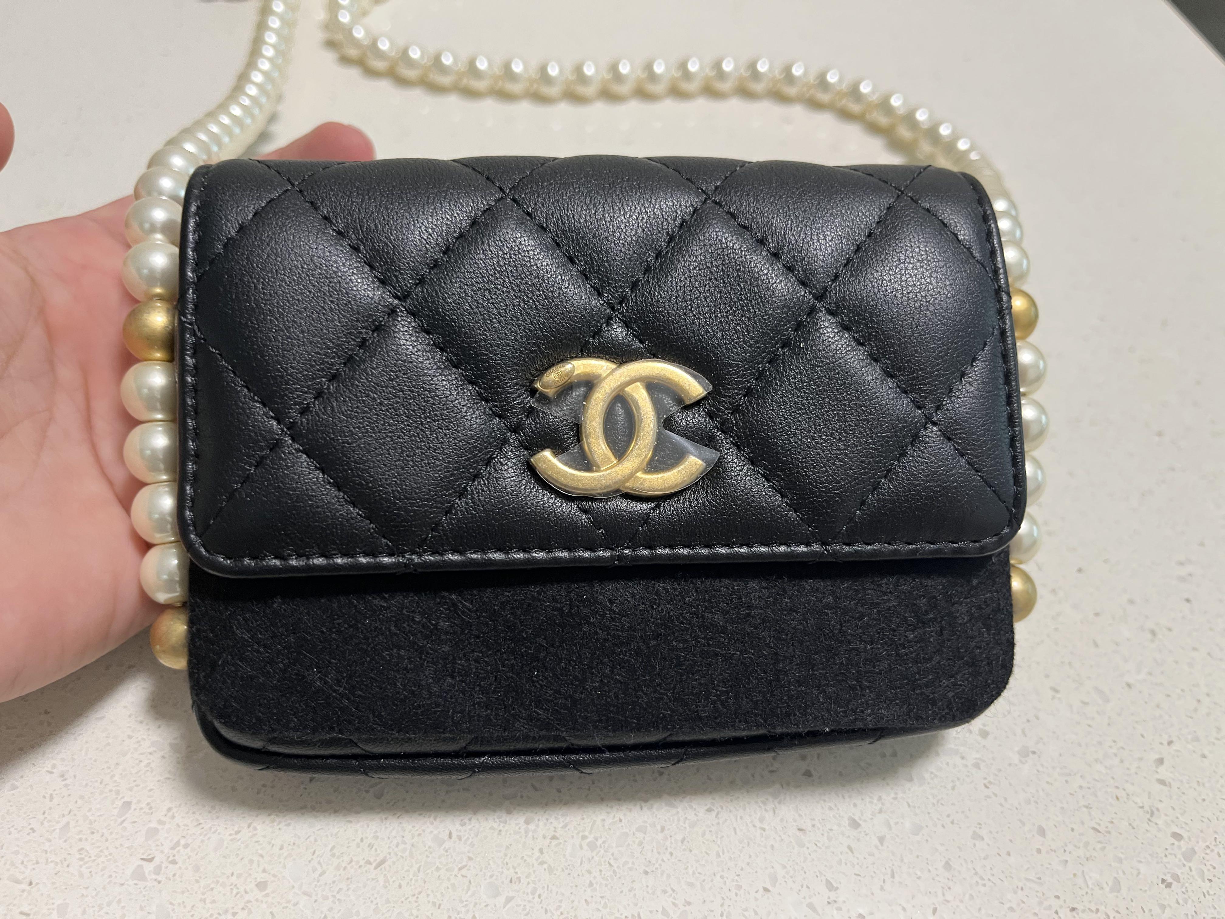 Chanel card holder with pearl strap, Luxury, Bags & Wallets on