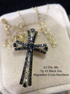 1 Carat Natural Diamond in 18K YG Black Dia Baguettes Cross Necklace Size 18"