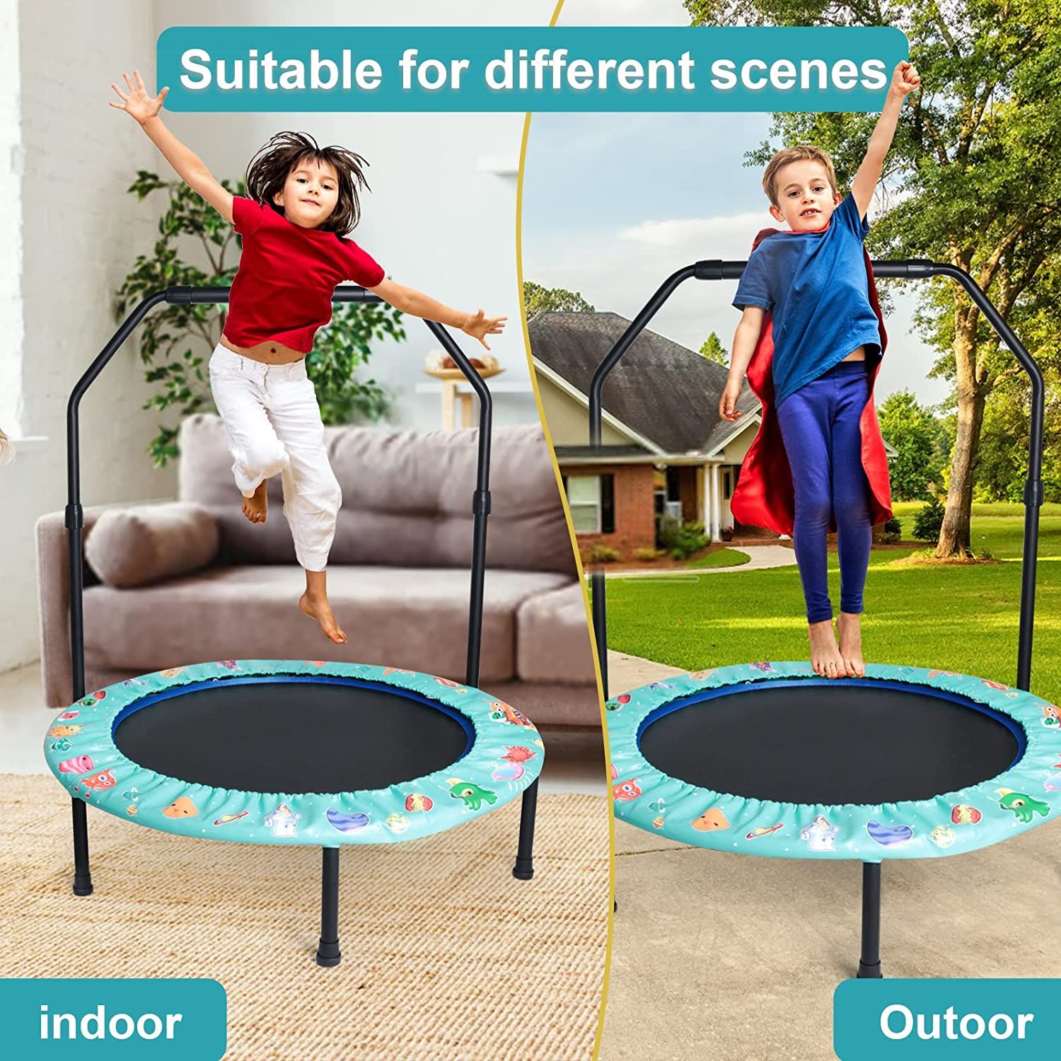 36 Inch Trampoline for Kids Mini Trampoline with Adjustable Handle and Safety Padded Cover Foldable Toddler Trampoline Indoor Outdoor Rebounder