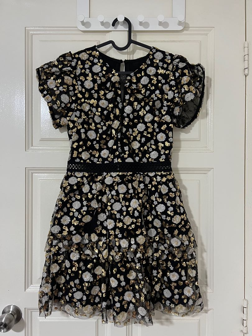 Mini Dress with Sequin Flower Accent - Black