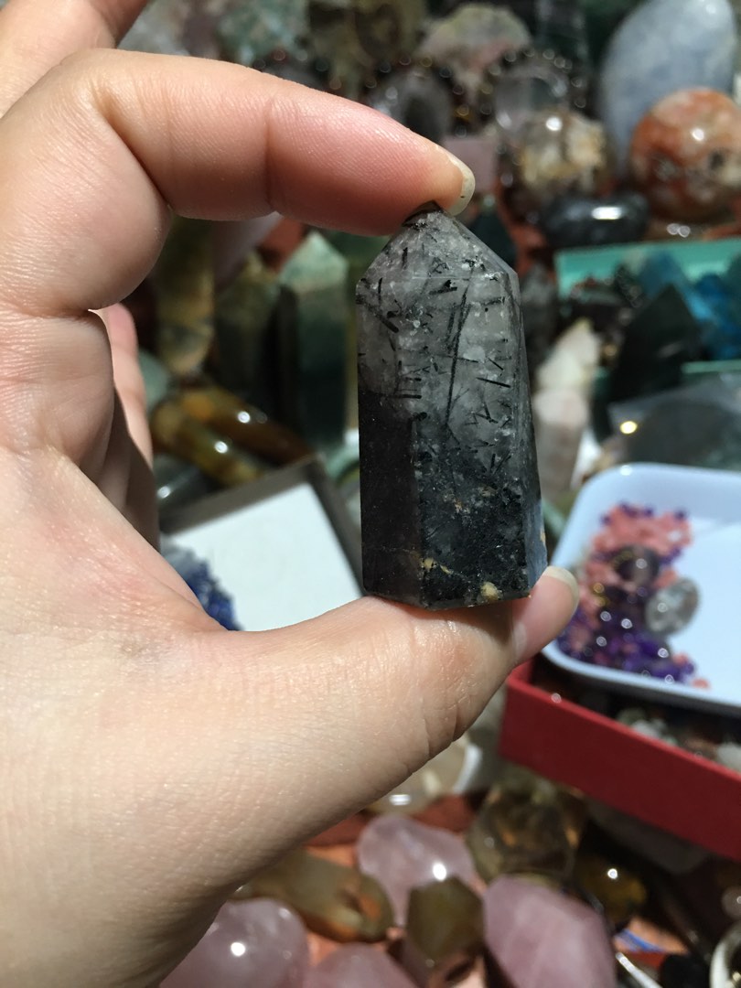 Black Tourmalinated Quartz small Tower Natural Crystal, Women's Fashion