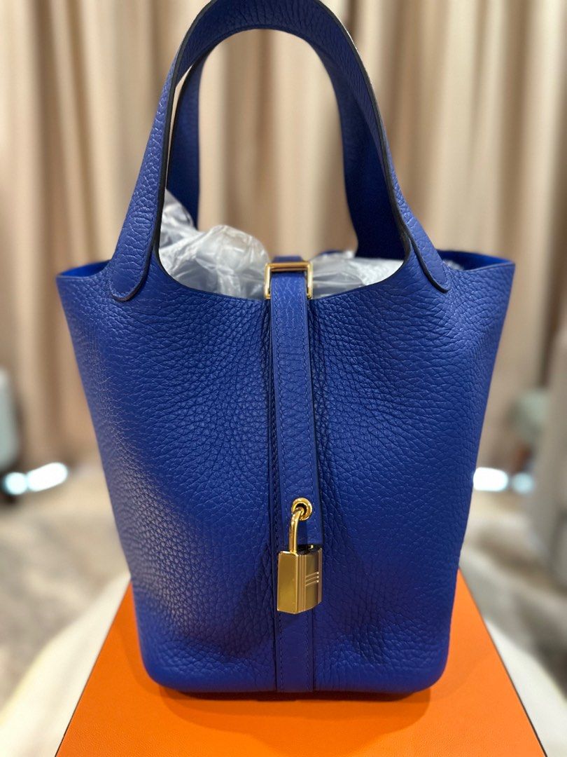 Hermes Rare Picotin 18 In Gold And Bleu Royale With Gold Hardware
