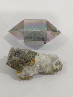 Double point aura clear quartz and local raw pyrite in quartz specimen druzy