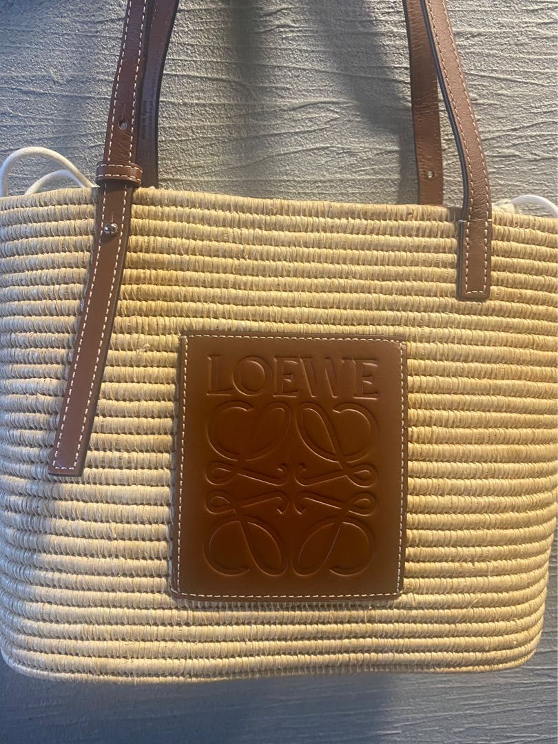 Loewe small square basket bag in raffia and calfskin, Women's Fashion