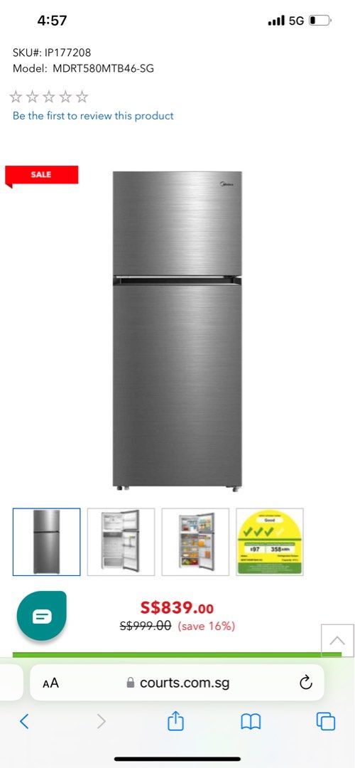 MIDEA 413L 2 DOOR FRIDGE MDRT580MTB46SG, TV & Home Appliances, Kitchen