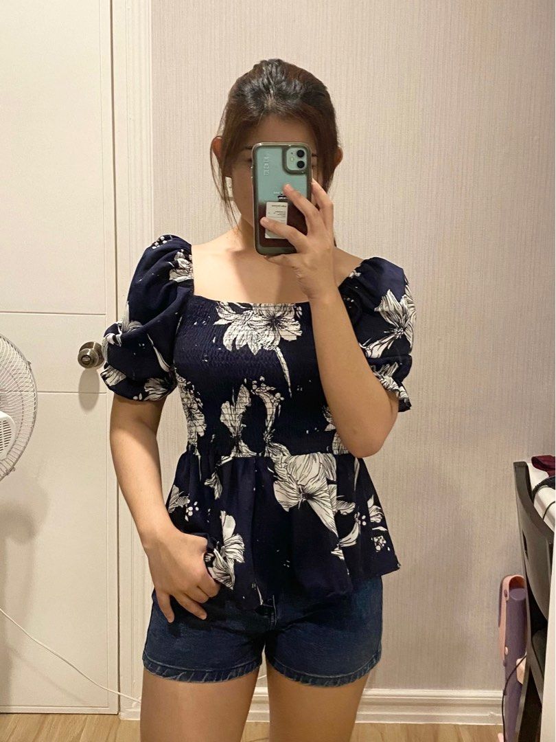 Women Navy Floral Mesh Peplum Top main image 0