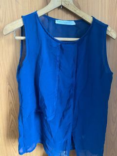 Oleg Cassini sheer navy blue top