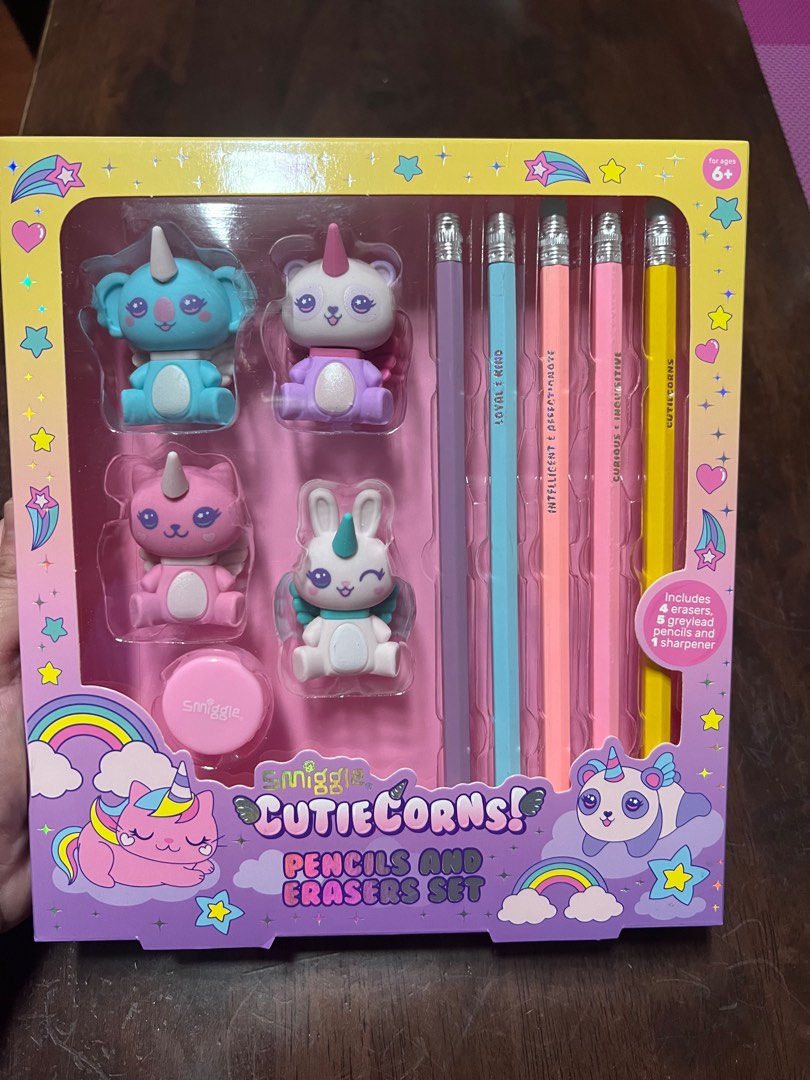 Original Smiggle Cutiecorns Pencils and Eraser Set, Hobbies & Toys