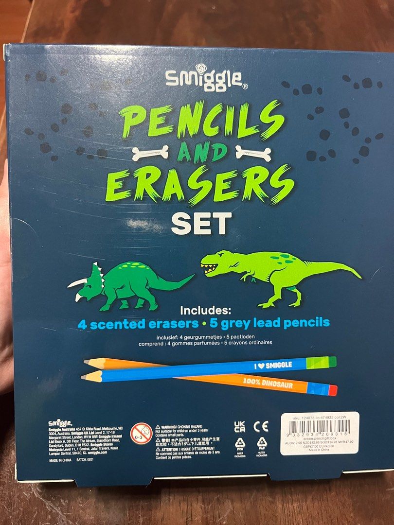 Original Smiggle Dinosaur Pencil and Eraser Set, Hobbies & Toys
