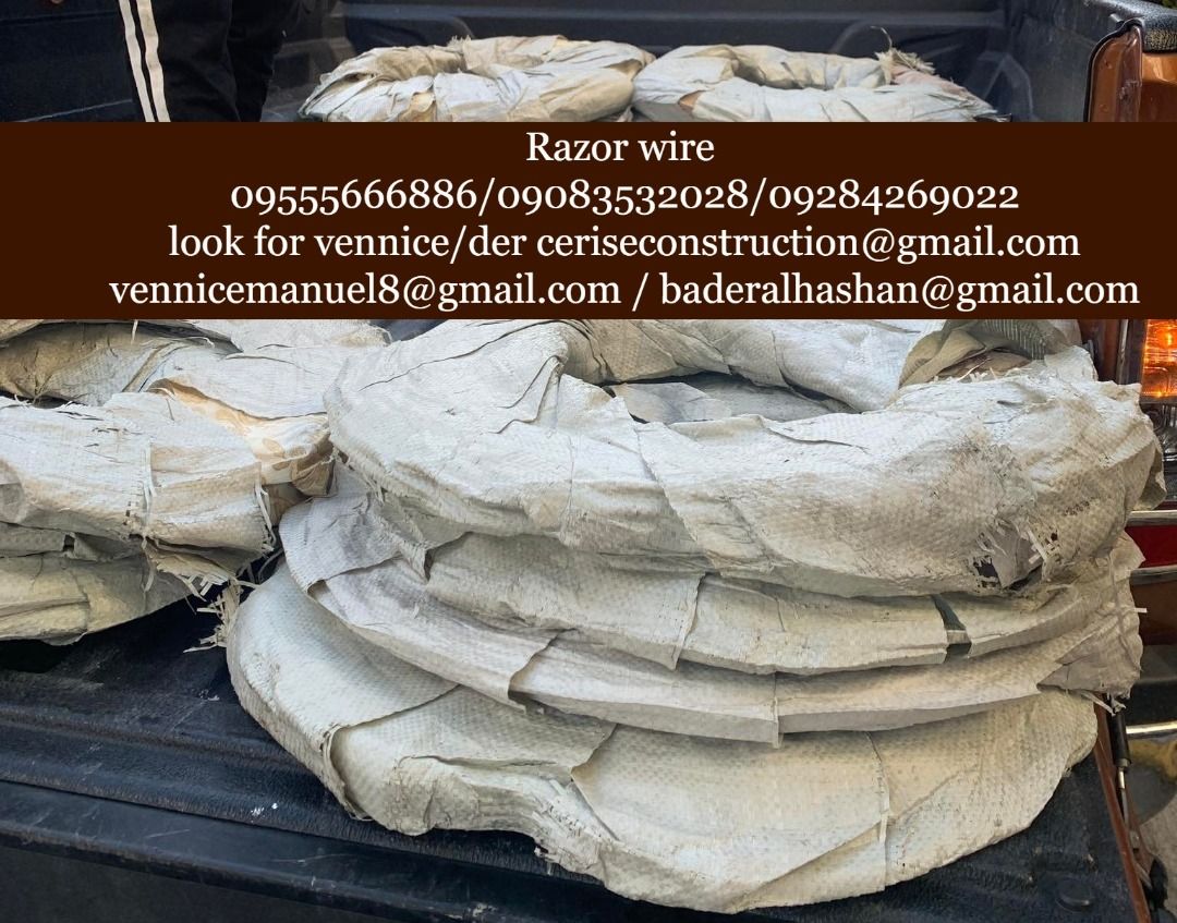 Razor wire (Category: Construction & Building Materials) located in Manila. Submitted by vlmhardwarevennice (Listing ID 1197998987, Image 2). Description: for inquiries contact: 0-9-5-5-5-6-6-6-8-8-6 0-9-0-8-3-5-3-2-0-2-8 0-9-2-8-4-2-6-9-0-2-2 look for vennice/der or email me at ceriseconstruction@gmail.com vennicecahello@gmail.com baderalhashan@gmail.com We also offer shipping via Lalamove, jrs, and other tracking and bus liner Office located at