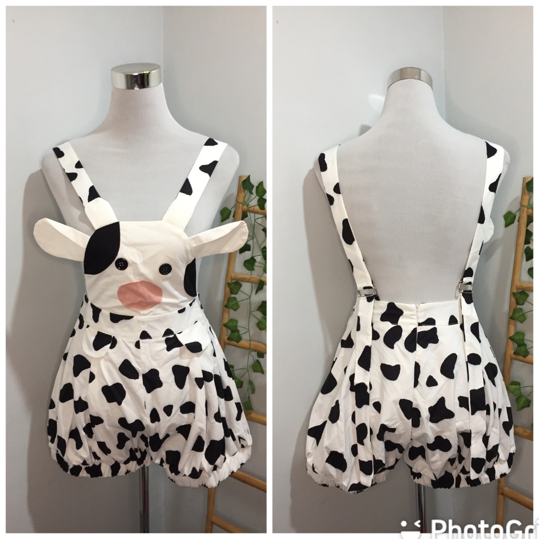Romwe Kawaii Cartoon pattern Pinafore Romper Jumpsuit cow print Jumper