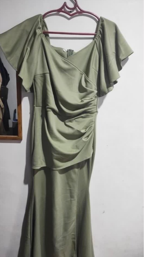 Vintage Sage Green 3D Floral Applique Knit Dress Romantic Sheath Slit Evening Gown DP7994