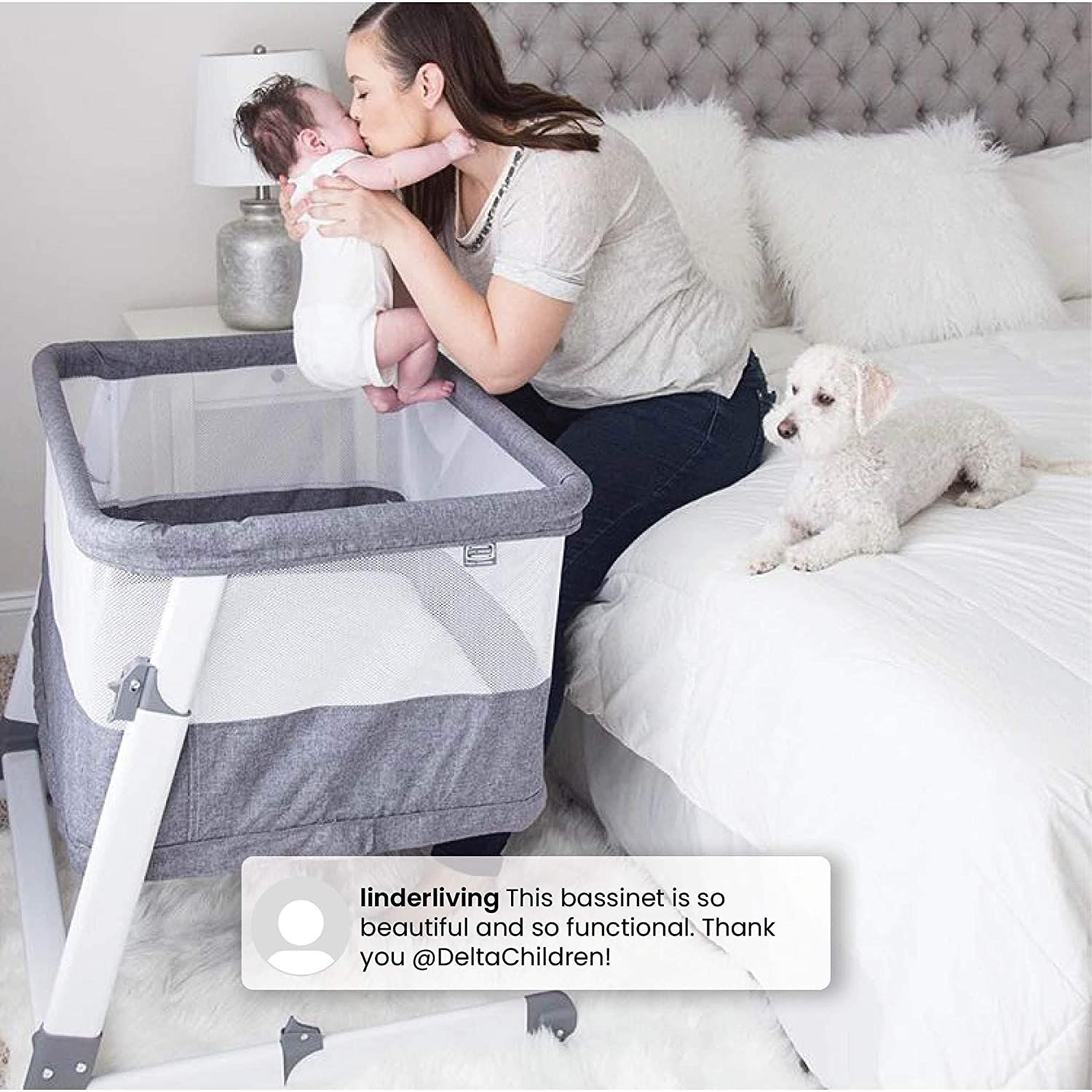 Simmons Kids Room2Grow 2 in 1 Newborn Bedside Bassinet Infant Sleeper Height Adjustable Portable Crib with Wheels Airflow Mesh Grey Tweed