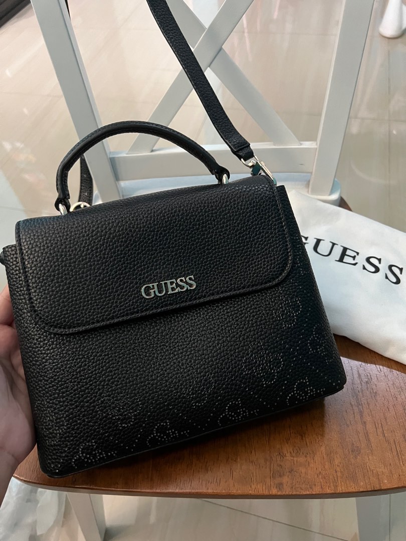 Tas guess sling bag top handle black hitam original, Fesyen Wanita