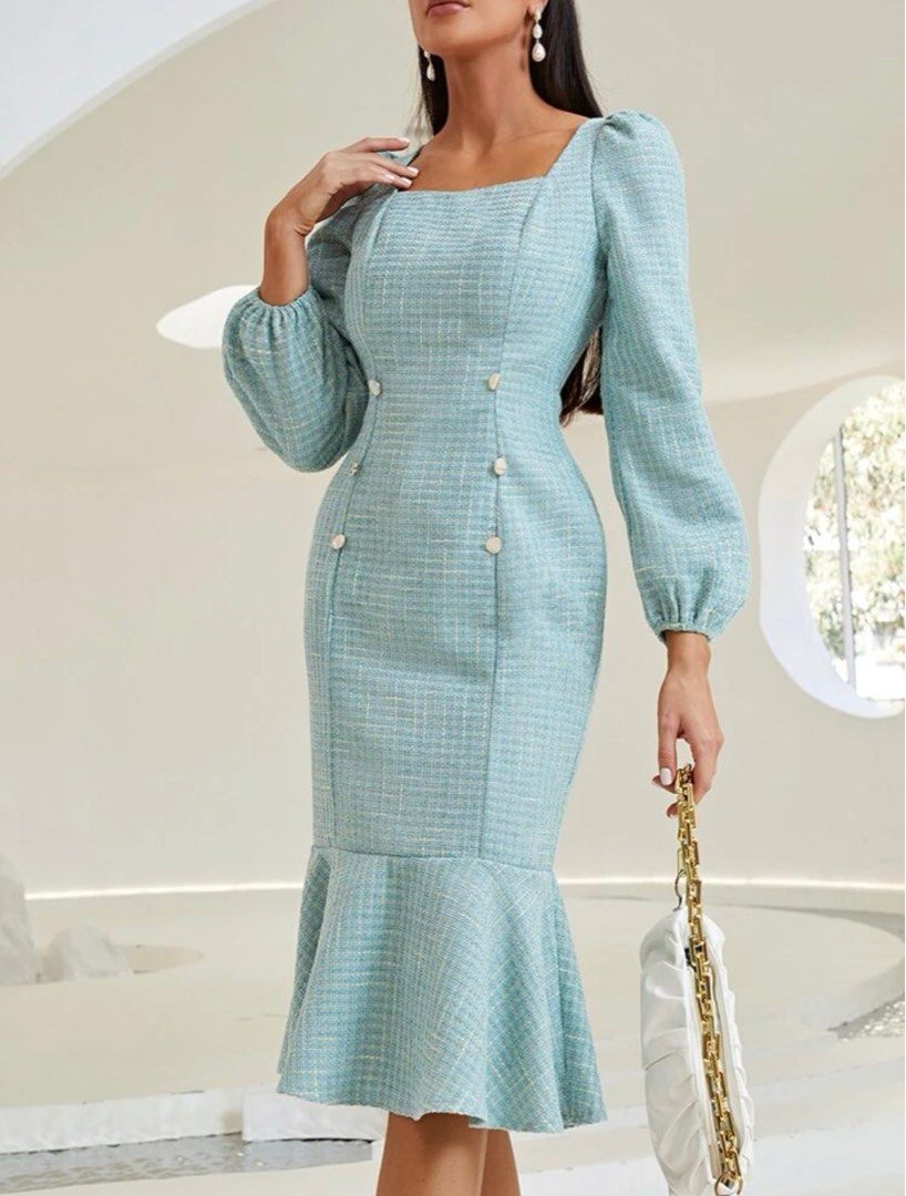 Tweed Square Neck Puff Sleeve Mermaid Dress, Women
