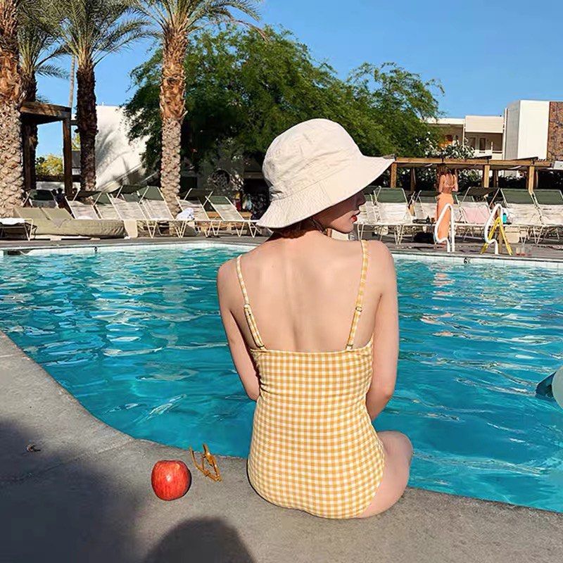 Vintage yellow checkered gingham swimsuit swimwear Women s Fashion Swimwear Bikinis Swimsuits on Carousell