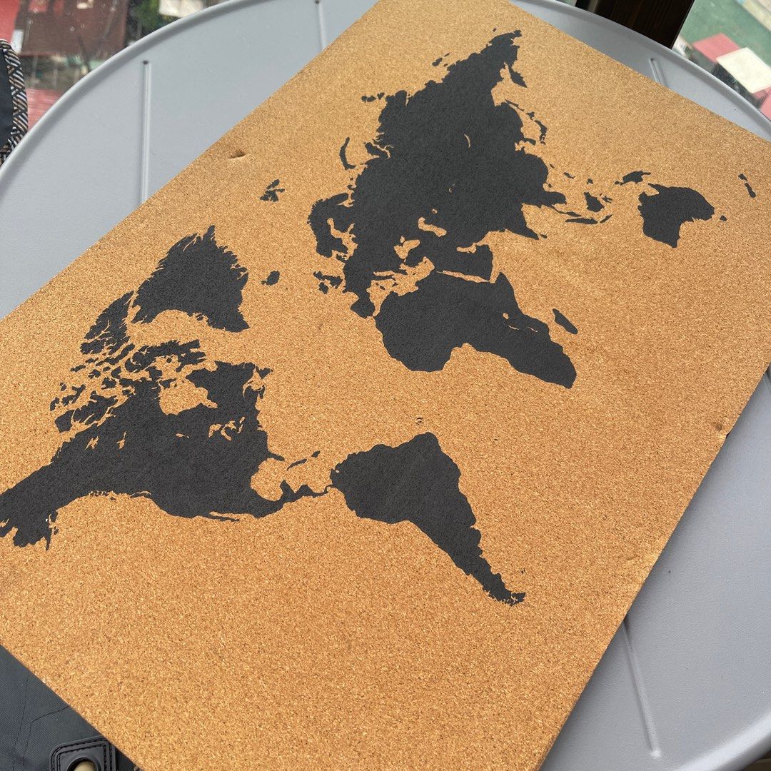 World map corkboard wall decor (Category: Wall Decor) located in Manila. Submitted by hodlclub (Listing ID 1198075867, Image 3). Description: With minor flaws No push pin marks yet 59x 44.5 cm LXW 1 cm thickness quirks.
