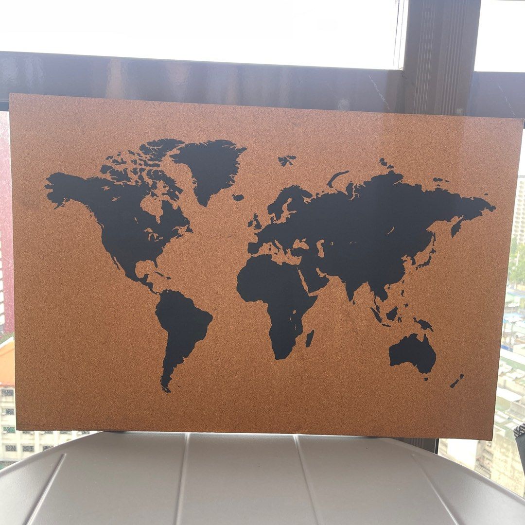 World map corkboard wall decor (Category: Wall Decor) located in Manila. Submitted by hodlclub (Listing ID 1198075867, Image 2). Description: With minor flaws No push pin marks yet 59x 44.5 cm LXW 1 cm thickness quirks.