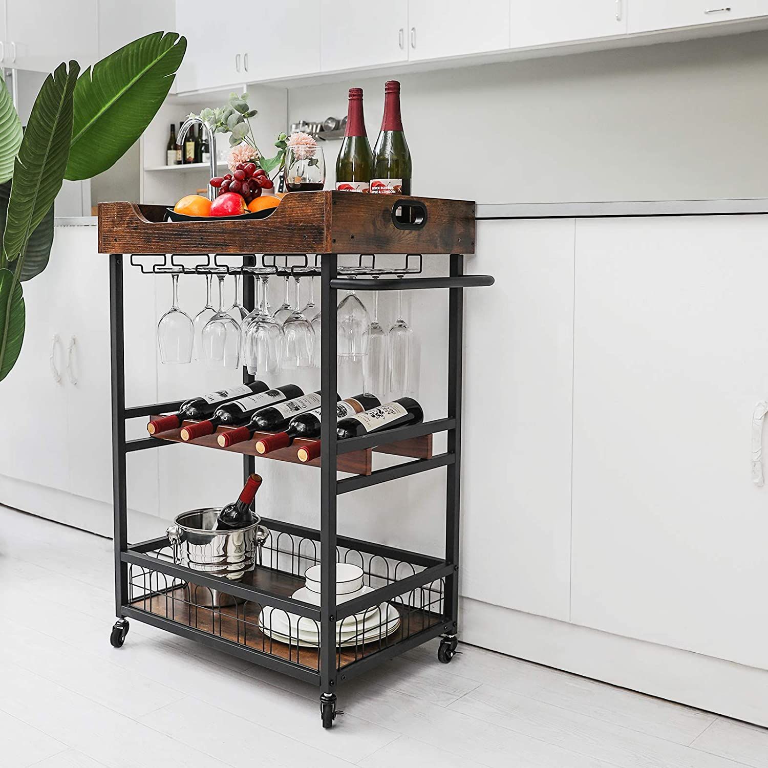 Xcosrack Bar Cart with Wine Rack,Mobile Kitchen Serving Cart with