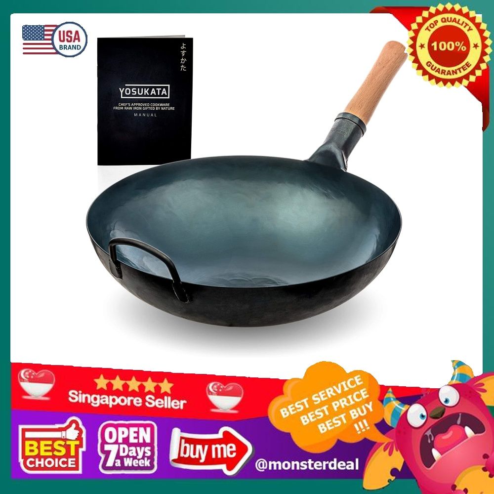 YOSUKATA Blue Round Bottom Wok Pan 14" Woks and Stir Fry Pans Chinese Hammered Pow Wok