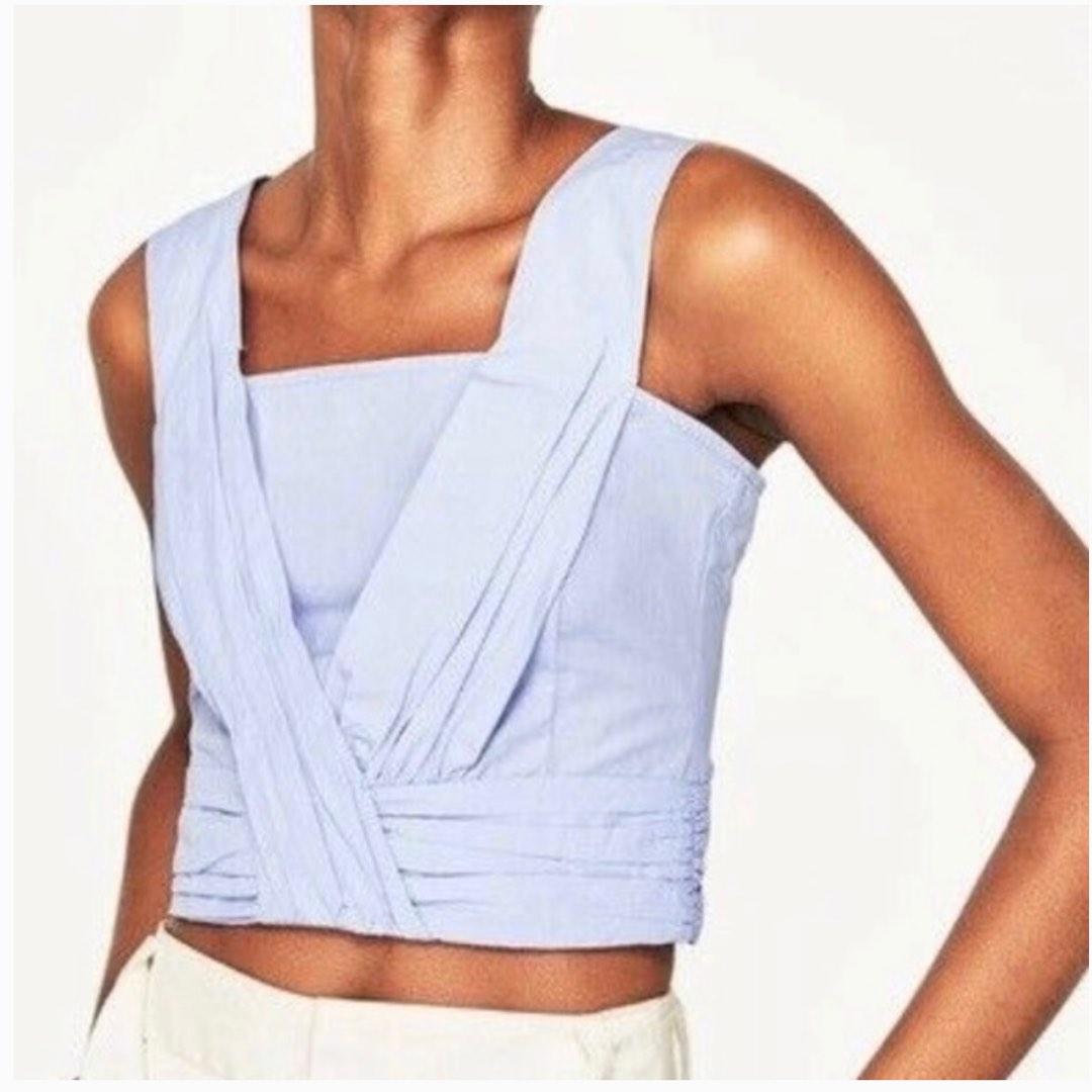 Zara Light Blue Pleated Crop Top with Back Zipper, Women's Fashion, Tops,  Sleeveless on Carousell