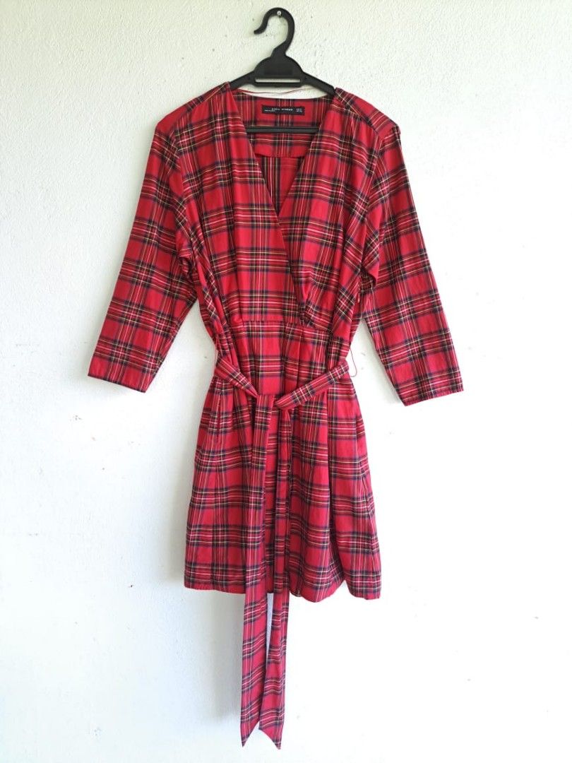 Zara red sale tartan dress