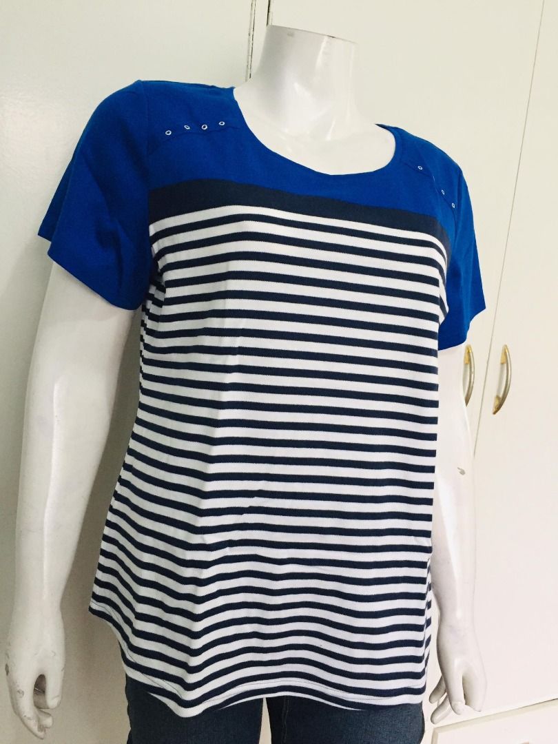 Brand New KAREN SCOTT SPORT Blue White Striped Shirt Top - Plus Size 1X XL  2XL, Women's Fashion, Tops, Shirts on Carousell