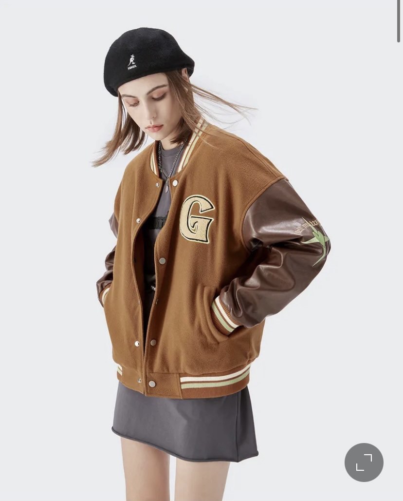 brown varsity bomber leather jacket, Women's Fashion, Coats, Jackets