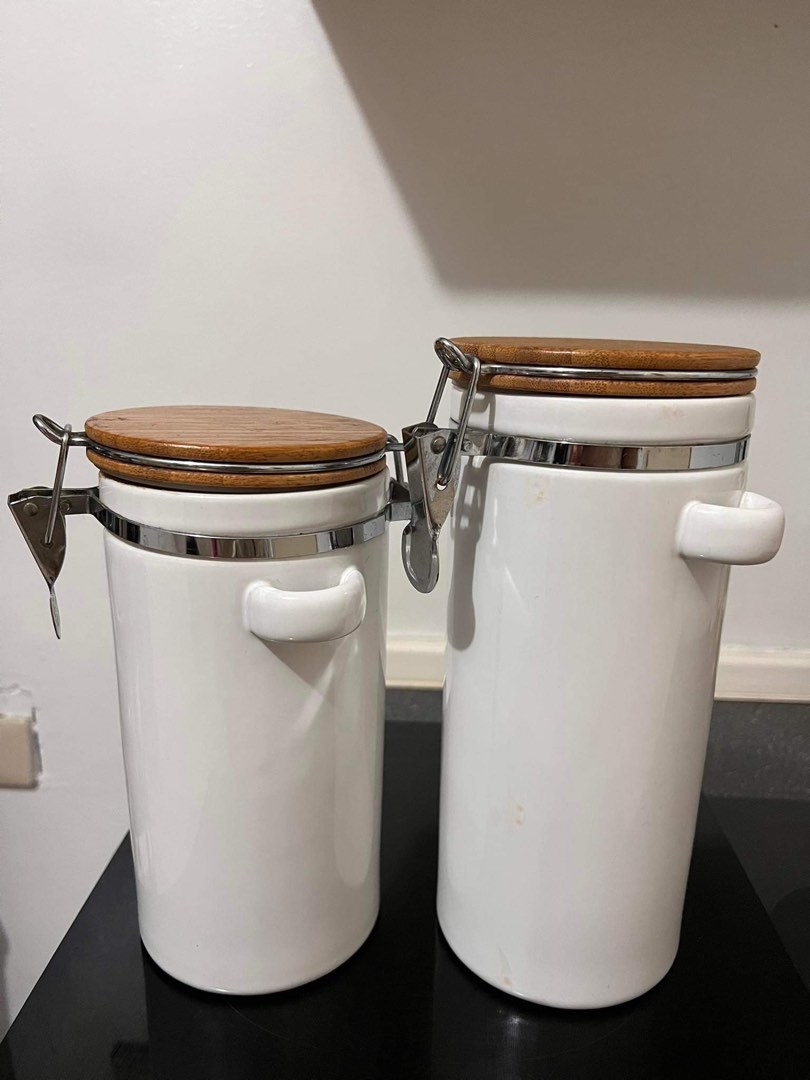 2 Ceramic storage jars w/ wooden lid, Furniture & Home Living