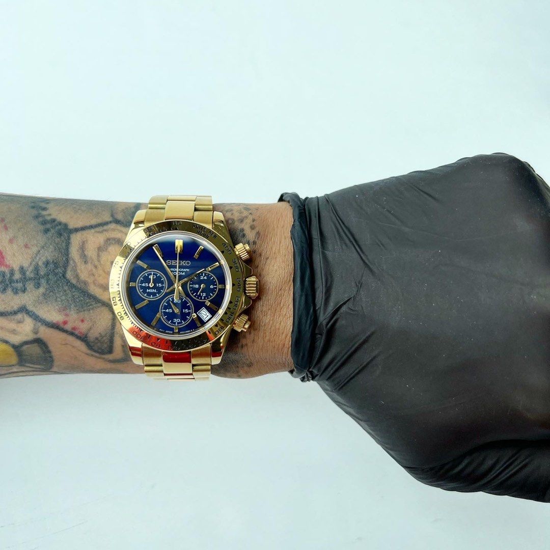 Custom Seiko Mod 2-tone Gold/Blue Quartz Chronograph Daytona 6t63-00e0,  Men's Fashion, Watches & Accessories, Watches on Carousell