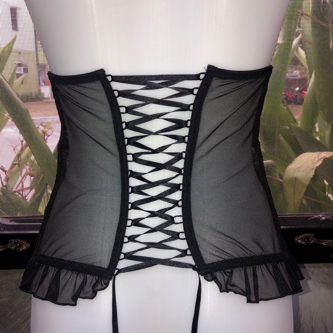 Gold & Black Laser Cut Floral Mesh Waist Corset, Women's Fashion