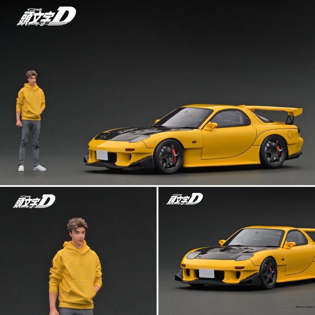 Ignition Model 1:18 Resin Model Car IG2873 Initial D Mazda RX-7 FD3S Yellow  With Keisuke Takahashi IG 頭文字D 萬事得RX7 FD 後期型樹脂膠模型連同比例高橋啟介人偶, 興趣及遊戲, 玩具 遊戲類-